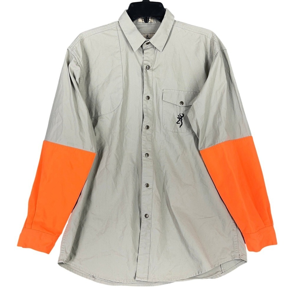 Vintage Y2K Browning XL Hunting Shirt Gray Blaze‎ Orange Sleeves Cotton Outdoor